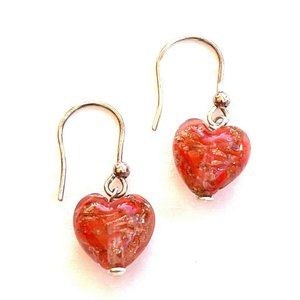 Venetian Murano Glass Orange and Gold Foil Puffed Heart Drop Dangle Earrings